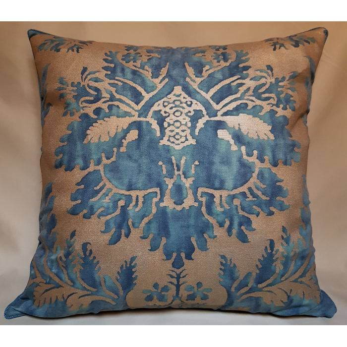 Fortuny Fabric Throw Pillow Cushion Cover Glicine Pattern (Blue) Green & Gold Texture