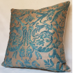 Fortuny Fabric Throw Pillow Cushion Cover Blue-Green & Silvery Gold Farnese Pattern