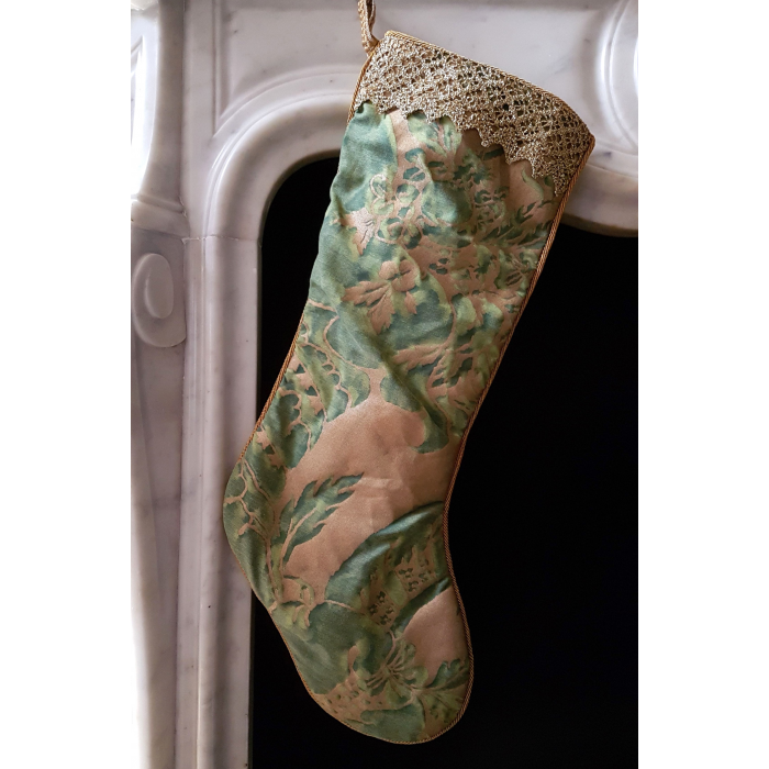 Luxury Christmas Stocking Fortuny Fabric Green & Silvery Gold Olimpia Pattern