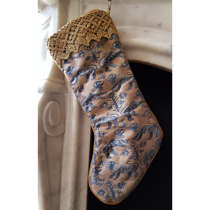 Luxury Christmas Stocking Fortuny Fabric Indigo Blue & Gold Richelieu Pattern