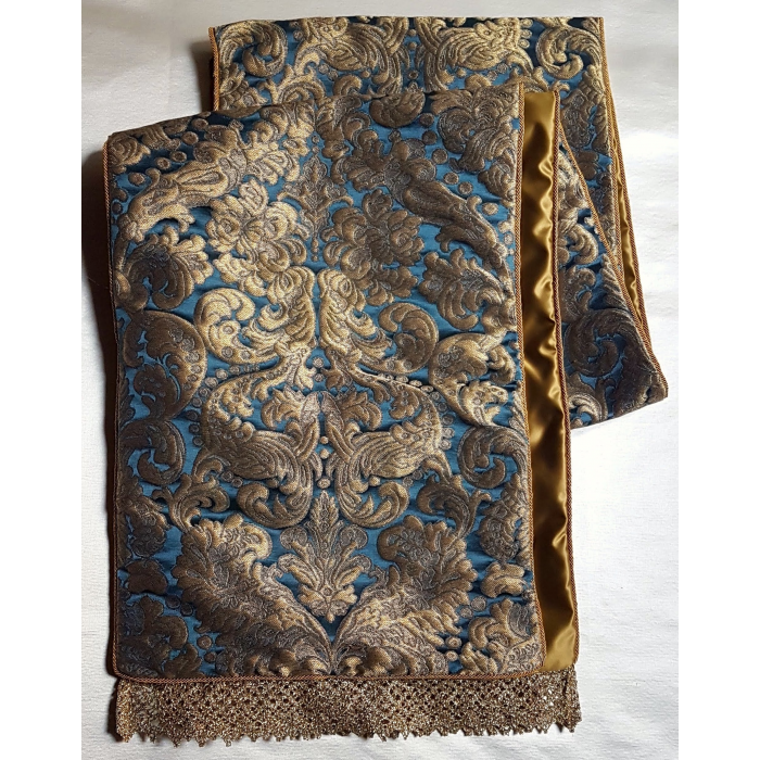 Luxury Table Runner Rubelli Fabric Silk Brocatelle Blue & Gold...