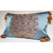 Decorative Pillow Case Silk Lampas Rubelli Fabric Light Blue Sherazade Pattern with Gold Tassel at Corners