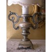 Pair of Italian Antique Solid Silver Metal Portapalme Table Lamps - Hand-Painted Lampshades