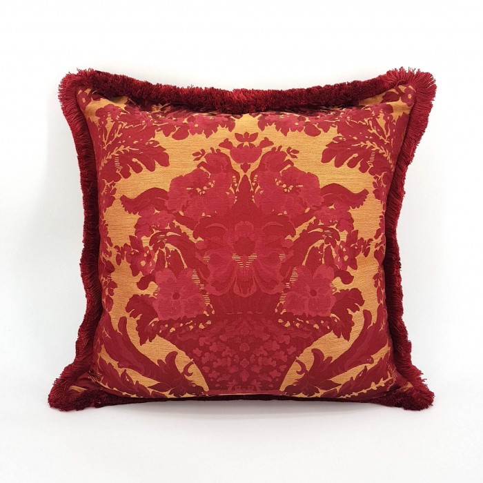 Pillow Case with Brush Fringe Trim Red Silk Brocatelle Luigi Bevilacqua Fabric Giardino Pattern