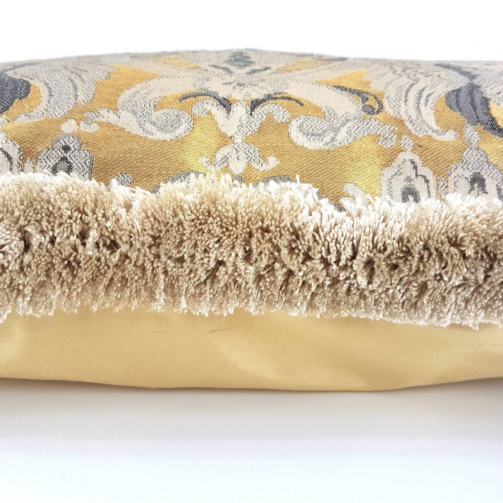 Case Silk Brocatelle Antique Brush Fringe Gold Pillow with