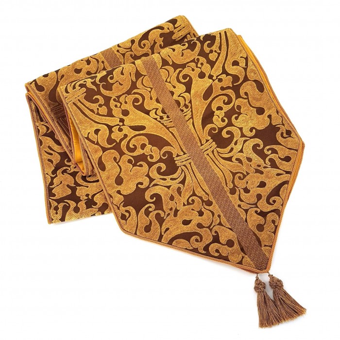 Luxury Table Runner with Pointed Ends And Tassels Silk Lampas Rubelli Fabric Brown Belisario Pattern