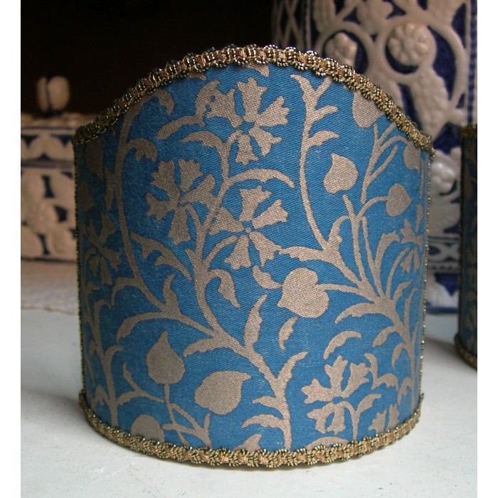 Wall Sconce Clip-On Lamp Shade Fortuny Fabric Blue & Silvery Gold Granada Pattern