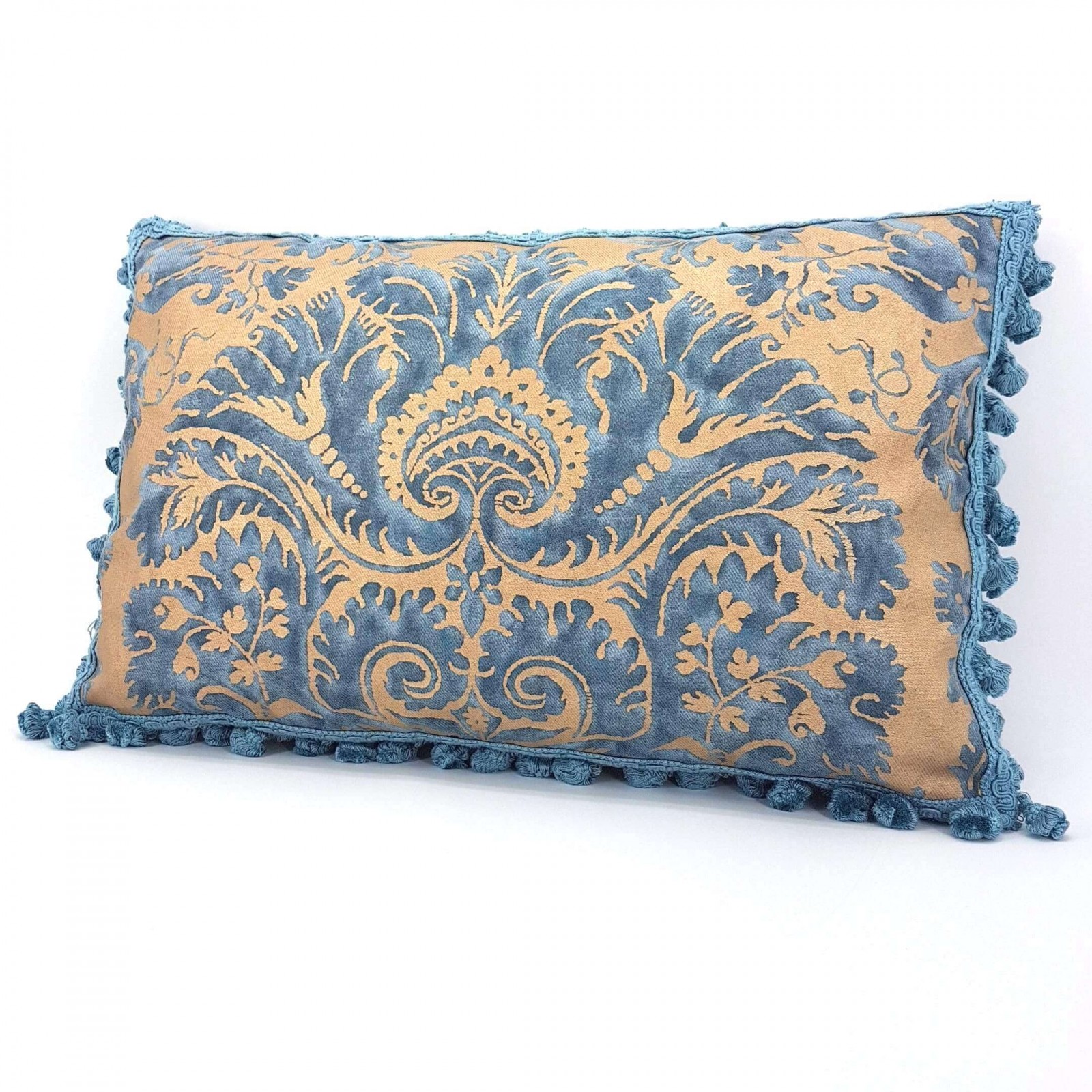 Tassel Trim Lumbar Pillow Cover Fortuny Fabric Demedici Blue 