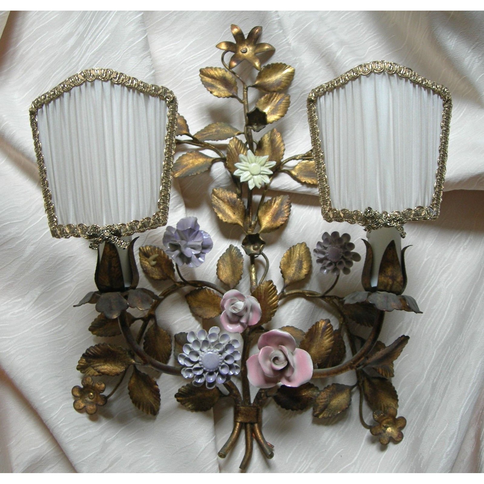 Pair Of Antique Italian Gilded Tole, Antique Porcelain Flower Lampshade