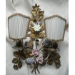 Pair of Antique Italian Gilded Tole Porcelain Flowers Wall Sconces w Pleated Silk Clip On Lampshades