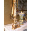 Pair of Antique Italian Painted and Gilt Carved Wooden Candlesticks Table Lamps with Parchment Lampshades