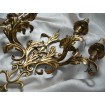 Pair of Italian Antique Gilded Tole 4 Arm Wall Sconces with Pleated Silk Clip On Shield Shades