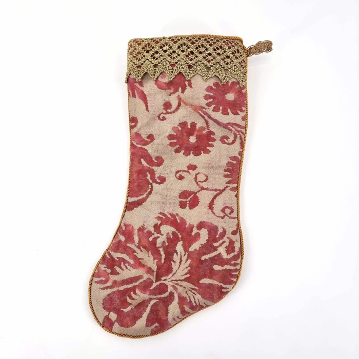 Luxury Christmas Stocking Fortuny Fabric Red & Silvery Gold Demedici Pattern
