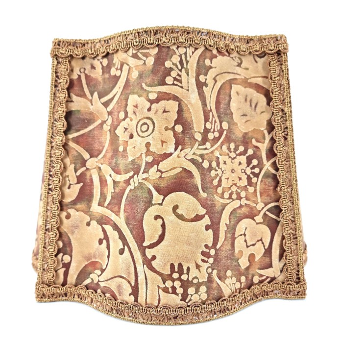 Fancy Square Lamp Shade Fortuny Fabric Tan, Olive & Plum Persepolis Pattern