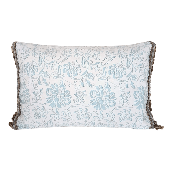 Decorative Pillow Case with Houlès Vendôme Beaded Fringe Fortuny Fabric French Blue & Antique White Cimarosa Pattern