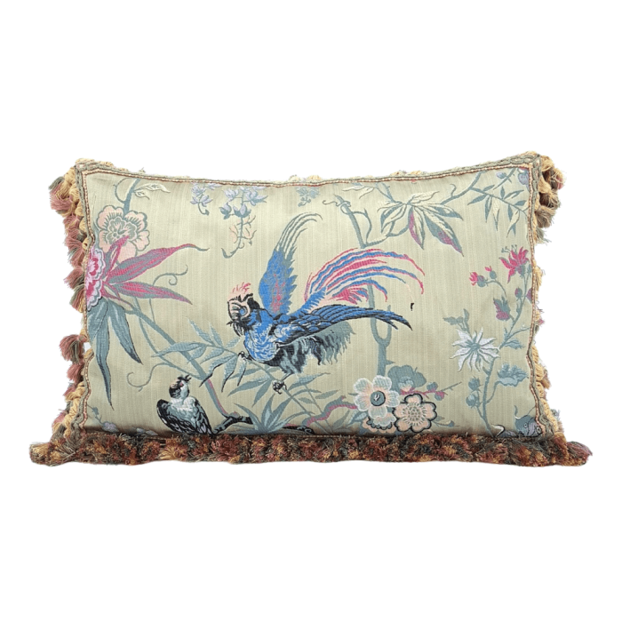 Pillow Case with Tassel Trim Jade Silk Brocade Luigi Bevilacqua Fabric Uccelli Pattern