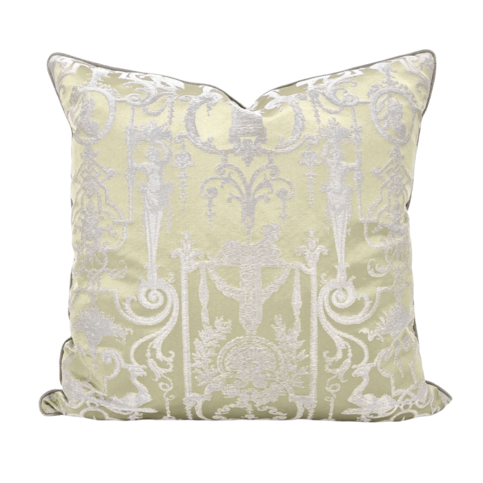 Lumbar Throw Pillow Cushion Cover Silk Brocade Rubelli Fabric Green and Silver Aida Pattern