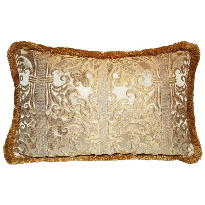 Lumbar Throw Pillow with Brush Fringe Ivory and Gold Silk Lampas Rubelli Fabric Belisario Pattern