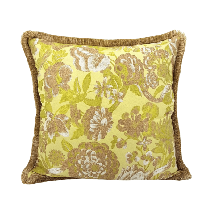 Throw Pillow Case with Brush Fringe Green Jacquard Rubelli Fabric Rousseau Pattern