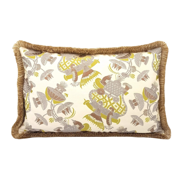 Throw Pillow Case with Brush Fringe Ivory Silk Brocade Rubelli Fabric Alice in Wonderland Pattern