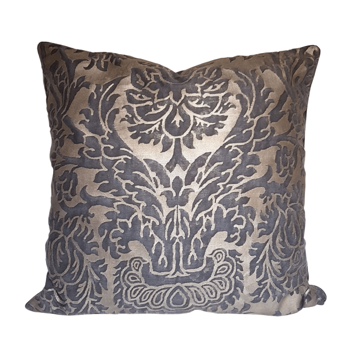 Decorative Pillow Case Fortuny Fabric Grey, Black & Silvery Gold Barberini Pattern