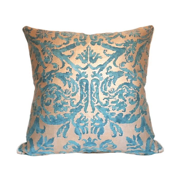 Fortuny Fabric Throw Pillow Cushion Cover Blue-Green & Silvery Gold Farnese Pattern