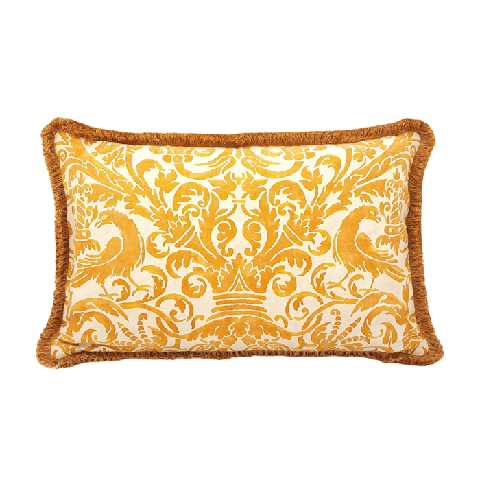 Brush Fringe Pillow Cover Fortuny Fabric Yellow & White Uccelli Pattern