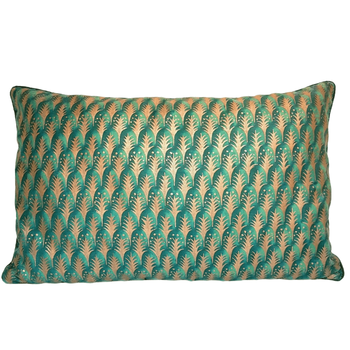 Lumbar Throw Pillow Case Fortuny Fabric Emerald & Gold Piumette Pattern