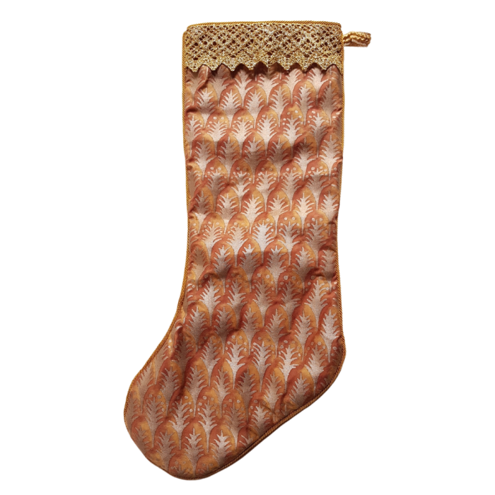 Luxury Christmas Stocking Fortuny Fabric Copper & Silvery Gold Piumette Pattern
