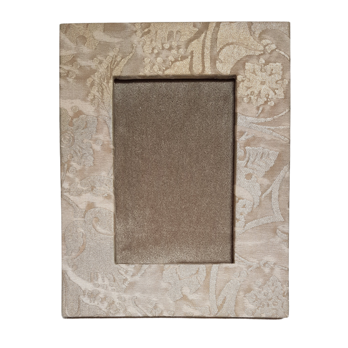 Fortuny Fabric Covered Tabletop Picture Photo Frame Mushroom & Silvery Gold Persepolis Pattern