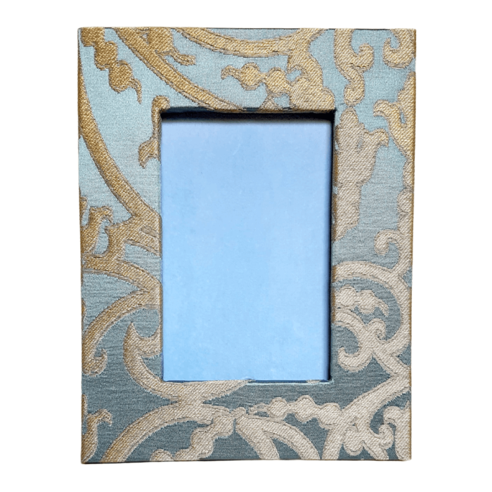 Rubelli Silk Jacquard Fabric Covered Tabletop Picture Photo Frame Aqua Blue & Gold Serlio Pattern