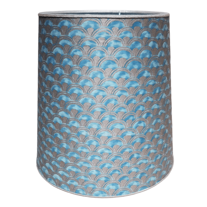 Drum Lamp Shade Fortuny Fabric Blue Green & Silvery Gold Papiro Pattern