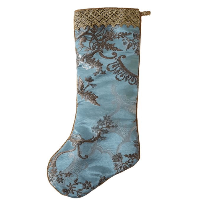 Luxury Christmas Stocking Aqua Bleu Silk Brocade Rubelli Fabric Madama Butterfly Pattern