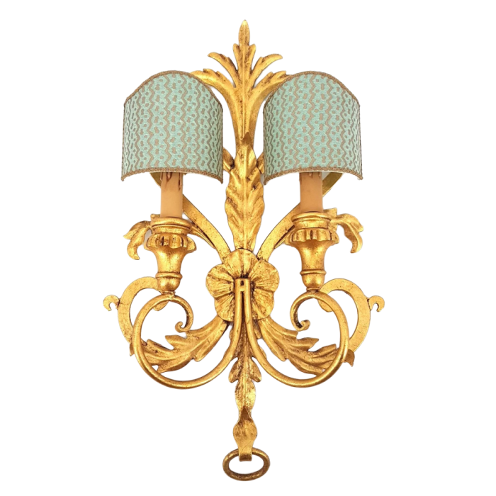 Gilt Wrought Iron Wall Sconce with Fortuny Fabric Lampshades Aquamarine and Silvery Gold Tapa Pattern