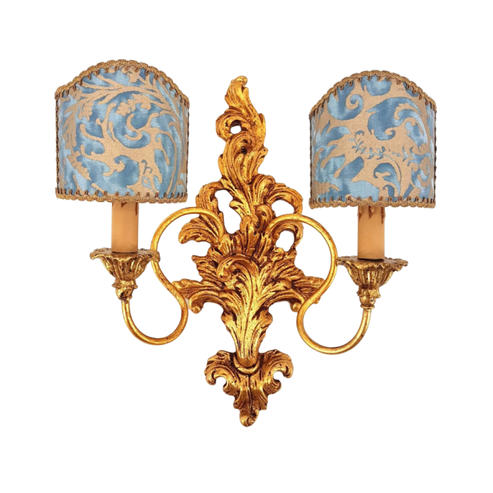 Carved Gilt Wood Wall Sconce with Fortuny Fabric Lampshades Blue and Silvery Gold Sevres Pattern