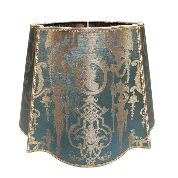 Fancy Square Lamp Shade Aqua Blue and Gold Silk Brocade Rubelli Fabric Aida Pattern