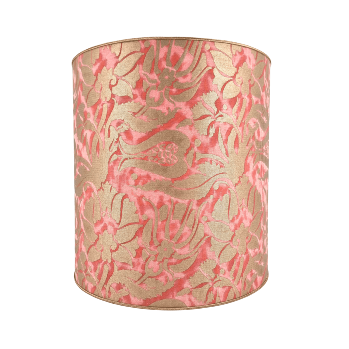 Drum Lamp Shade Fortuny Fabric Coral Haze & Silvery Gold Melagrana Pattern