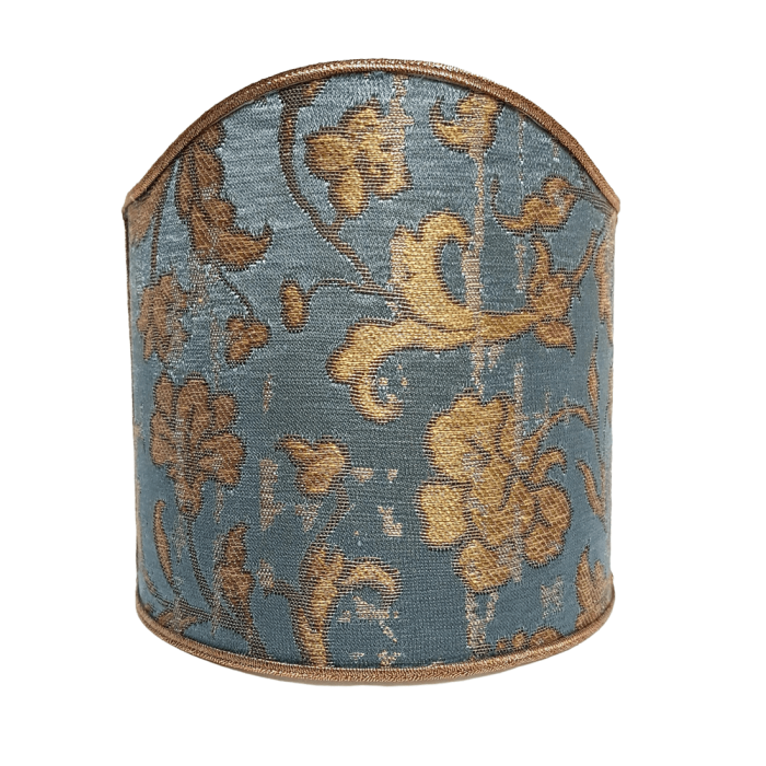 Wall Sconce Clip On Shield Shade in Sky Blue and Gold Silk Jacquard Rubelli Les Indes Galantes Pattern
