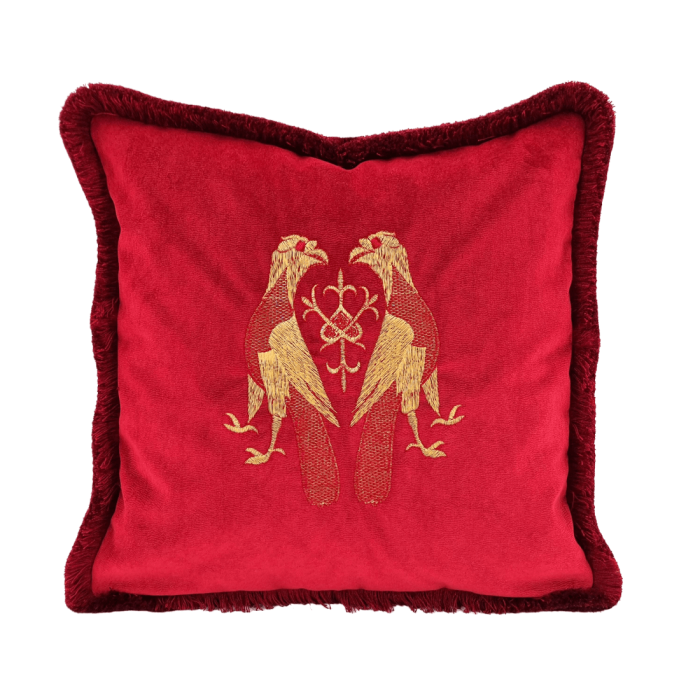 Decorative Pillow Case Red Velvet with Embroidered Parrots