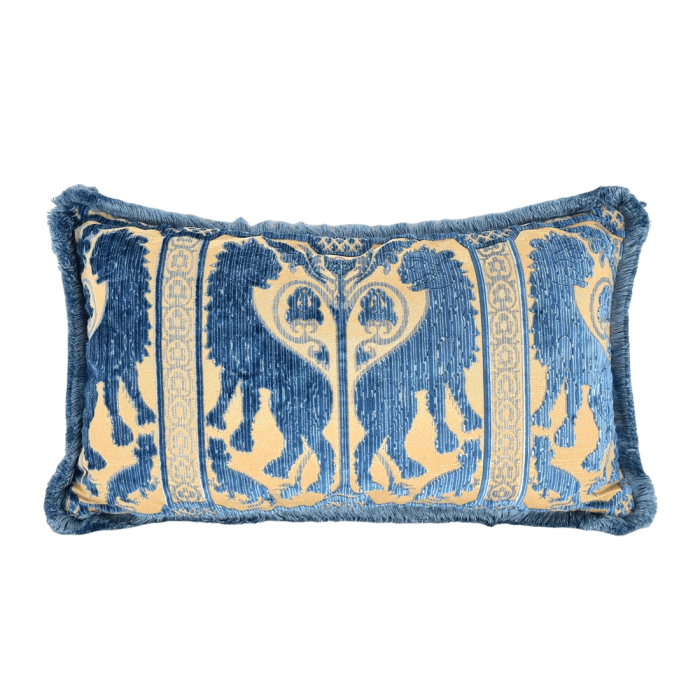 Luigi Bevilacqua Silk Heddle Velvet Indigo Blue Pillow Case with Brush Fringe Leoni Bizantini Pattern