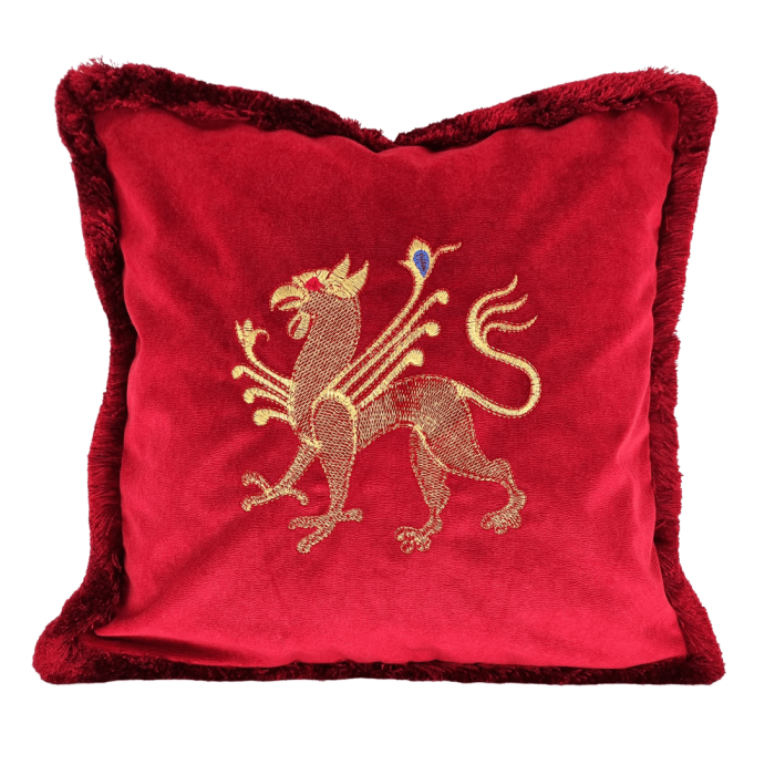 Decorative Pillow Case Red Velvet with Embroidered Gryphon