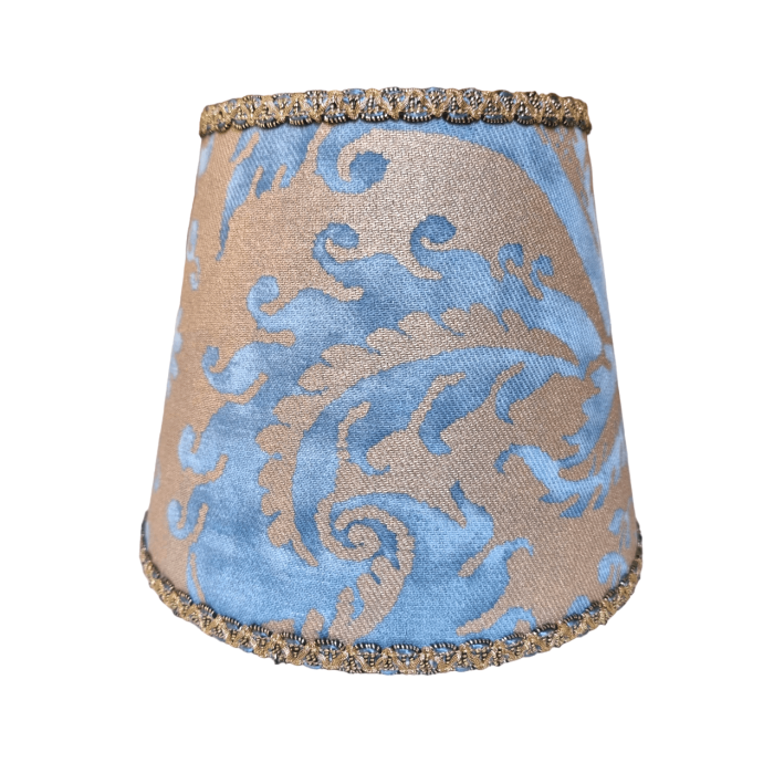 Empire Chandelier Lampshade Fortuny Fabric Blue and Silvery Gold Demedici Pattern