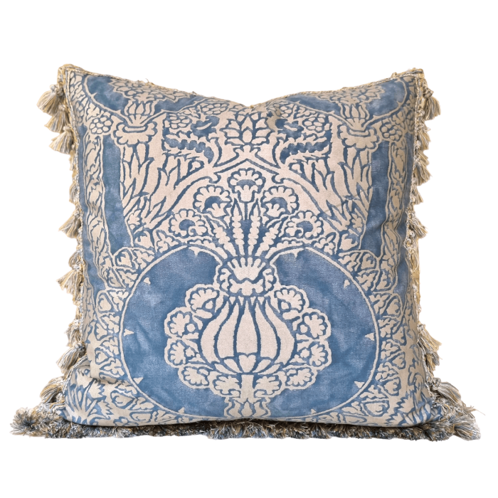Double Sided Cushion Cover Fortuny Fabric Blue & Silvery Gold Nicolo Pattern with Tassel Trim