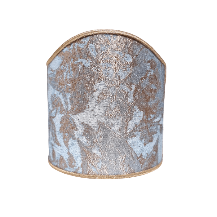 Clip-On Wall Sconces Shield Shade Aqua Blue and Gold Jacquard Rubelli Fabric Mirage Pattern Mini Lampshade
