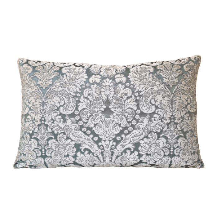 Lumbar Throw Pillow Cushion Cover Silk Brocatelle Rubelli Fabric Aqua Blue and Silver Tebaldo Pattern
