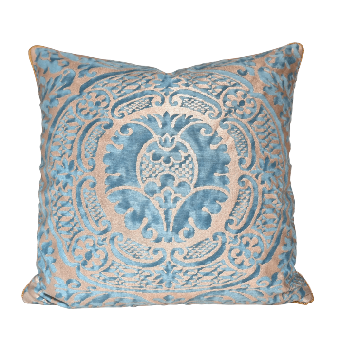 Throw Pillow Cushion Cover Fortuny Fabric Blue-Green & Silvery Gold Orsini Pattern