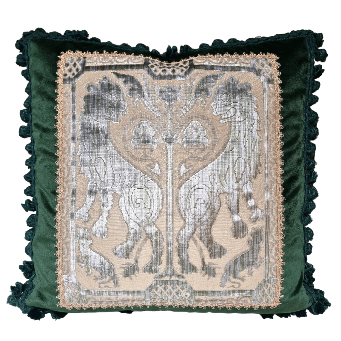 Decorative Pillow Case with Tassel Trim Green Rubelli Velvet with Luigi Bevilacqua Framed Front Panel