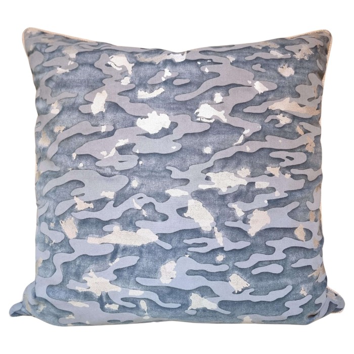 Decorative Pillow Case Fortuny Fabric Camo Isole Pattern in Blue & Silvery Gold Texture