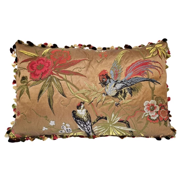 Pillow Case with Tassel Trim Hazelnut Brown Silk Brocade Luigi Bevilacqua Fabric Uccelli Pattern