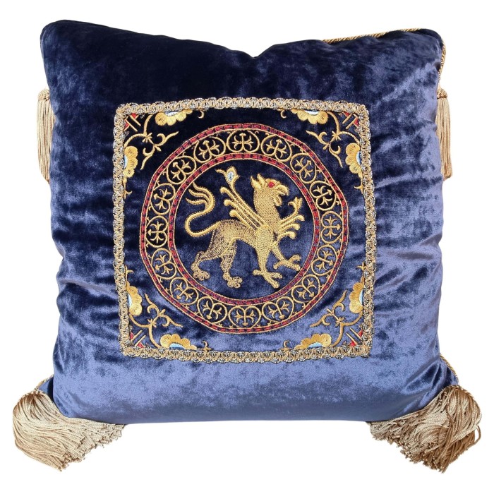 Luxury Embroidered Blue Rubelli Velvet Pillow Case with Corner Tassels